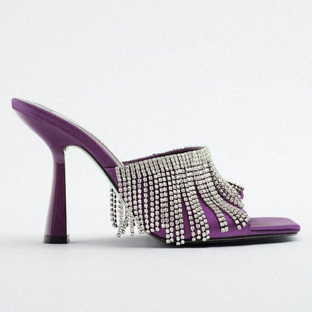Zara Purple Rhinestone Fringe Mule Heels Statement Sandals NWT - Picture 11 of 14